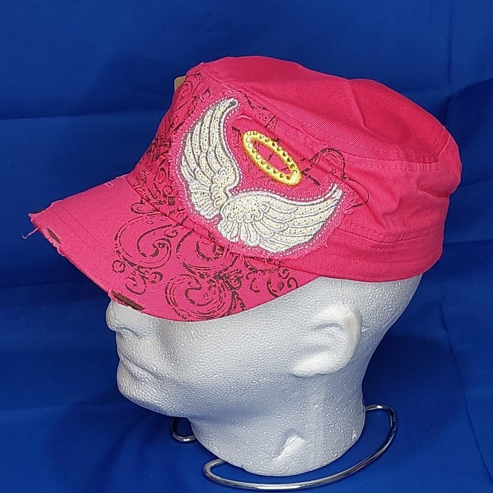 Leader LOGA Pink Distressed Denim Designer Cap Angel Wings Rhinestone Strap Hat
